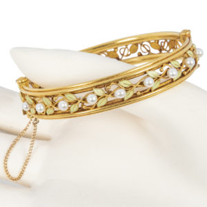 Arts & Crafts Enamel Pearl 18k Gold Bangle Bracelet, circa 1910
