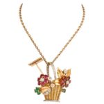 1950s Ruby, Emerald, Tourmaline and Diamond 18k Gold Flower Basket Pin/Pendant