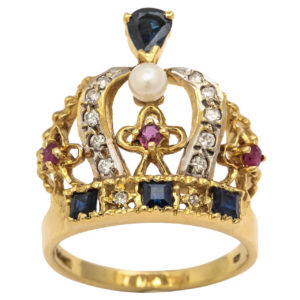 Pearl Ruby Sapphire Diamond Gold Crown Ring