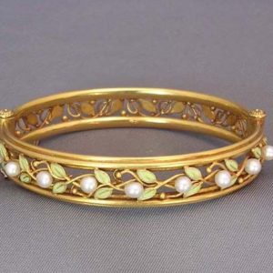 Arts & Crafts Enamel Pearl Gold Bangle Bracelet