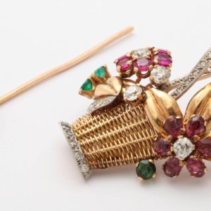 Jewelled Two-Color Gold Gardening Flower Basket Pin, 1940s