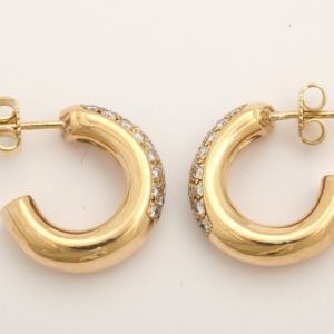 20th Century French Diamond Gold Hoop Earrings