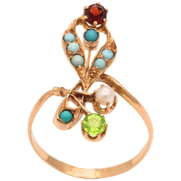 Russian Art Nouveau Gem Set Gold Floral Ring
