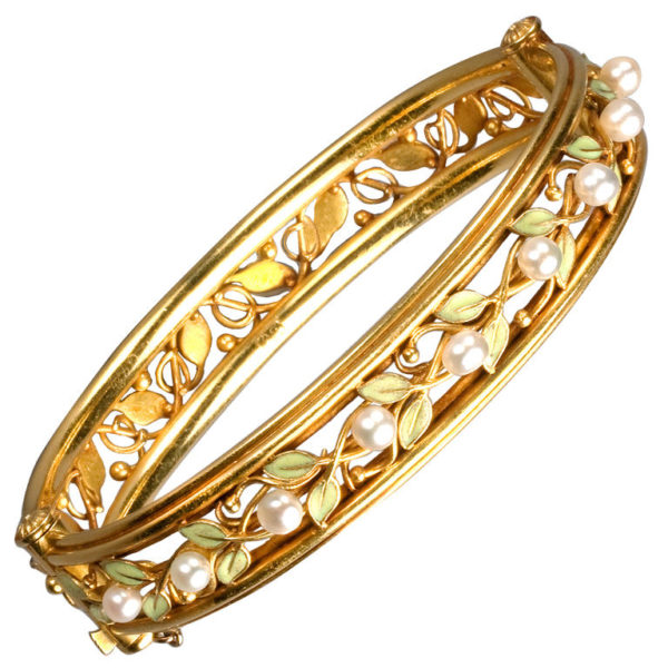 Arts & Crafts Enamel Pearl Gold Bangle Bracelet