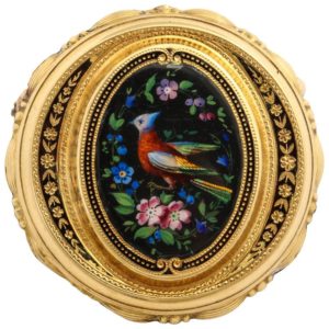 Painted Enamel Bird of Paradise Gold Pin/Pendant, circa 1870