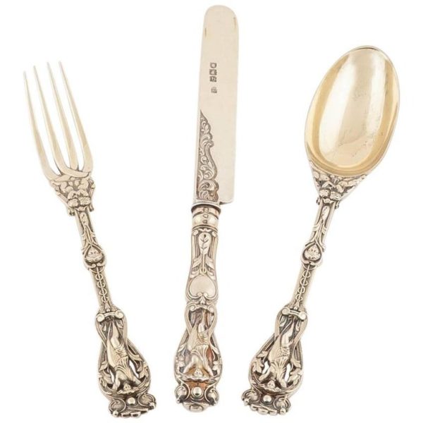 English Silver Gilt Knife Fork and Spoon by Hunt & Roskell, 1897