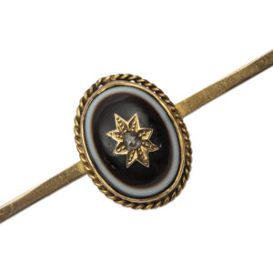 1890s English Victorian Bull’s Eye Agate Diamond Lapel Pin