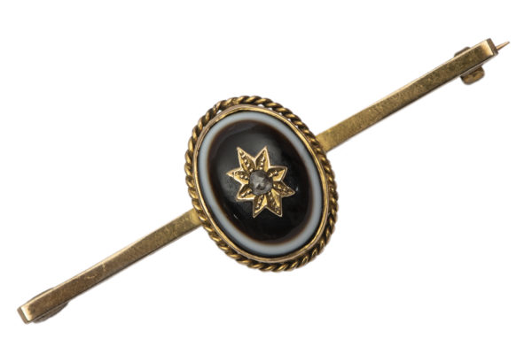 1890s English Victorian Bull’s Eye Agate Diamond Lapel Pin