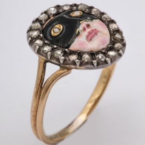 Rare Enamel Diamond 18k Gold Mask Ring, circa 1800