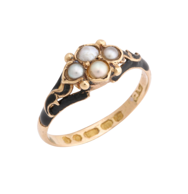 1858 Gold Enamel Pearl Daisy Mourning Ring