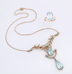 Rare Russian Art Nouveau Aquamarine Necklace and Ring from alternate angle