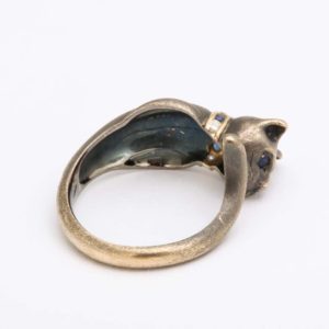 1970s 18k Blackened Gold, Sapphire and Diamond Cat Ring
