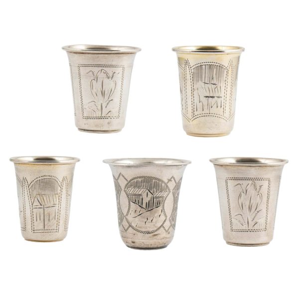 Five Ukrainian Imperial-era Silver Vodka Cups, late 19th to early 20th century